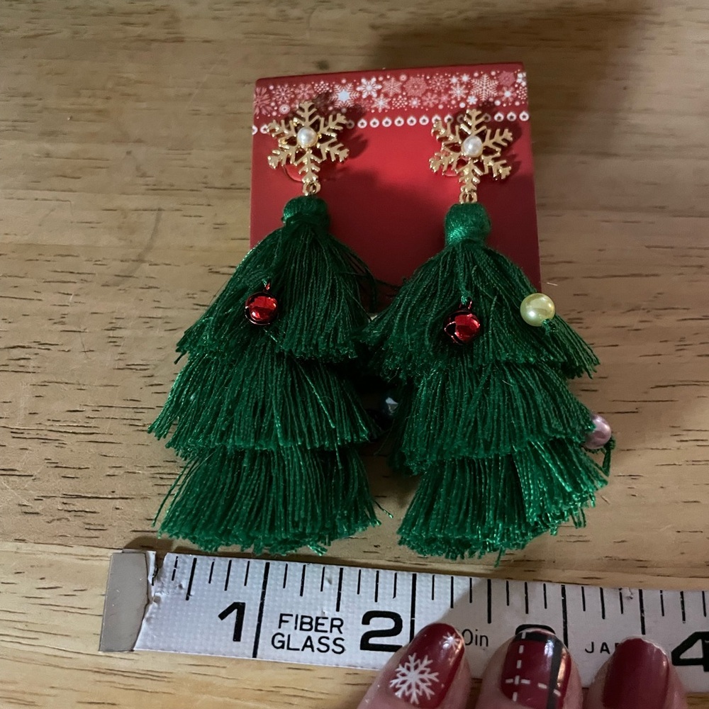 Unbranded Christmas Tree Tassel Beaded Earrings gold green blue red faux pearl - Picture 9 of 13